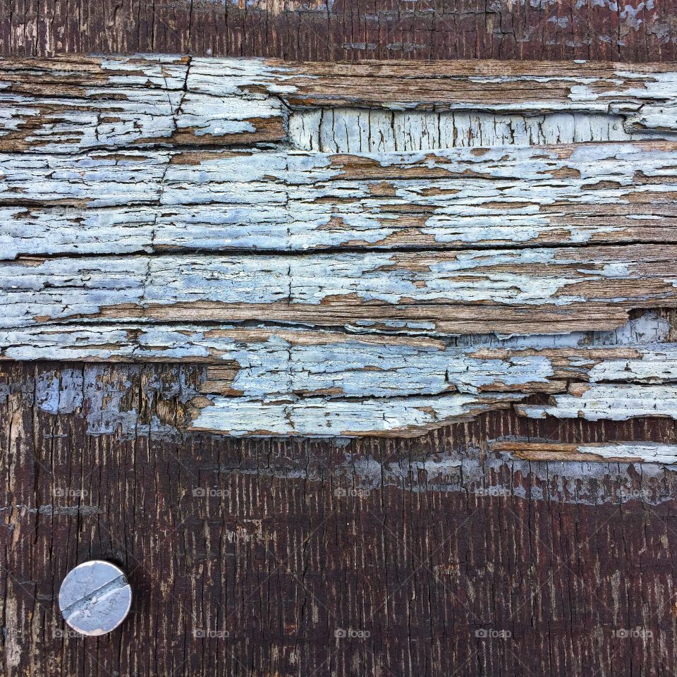 Weathered wood surface with cracked paint and metal screw head