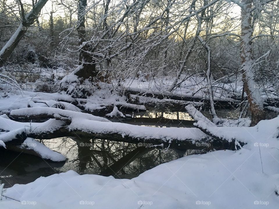 Snow covered logs bridge over the creek 