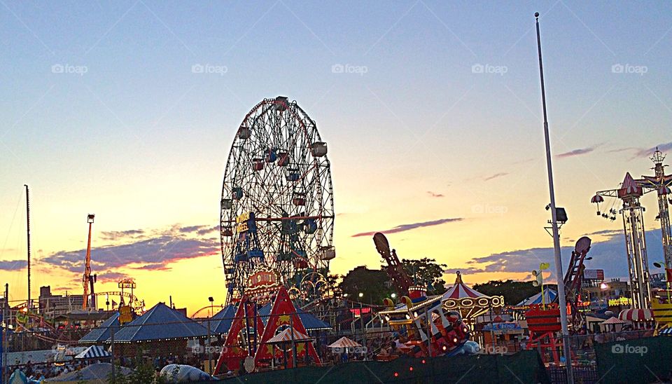 Coney Island at Sunset. View from behind Brooklyns famous amusement park at sunset.