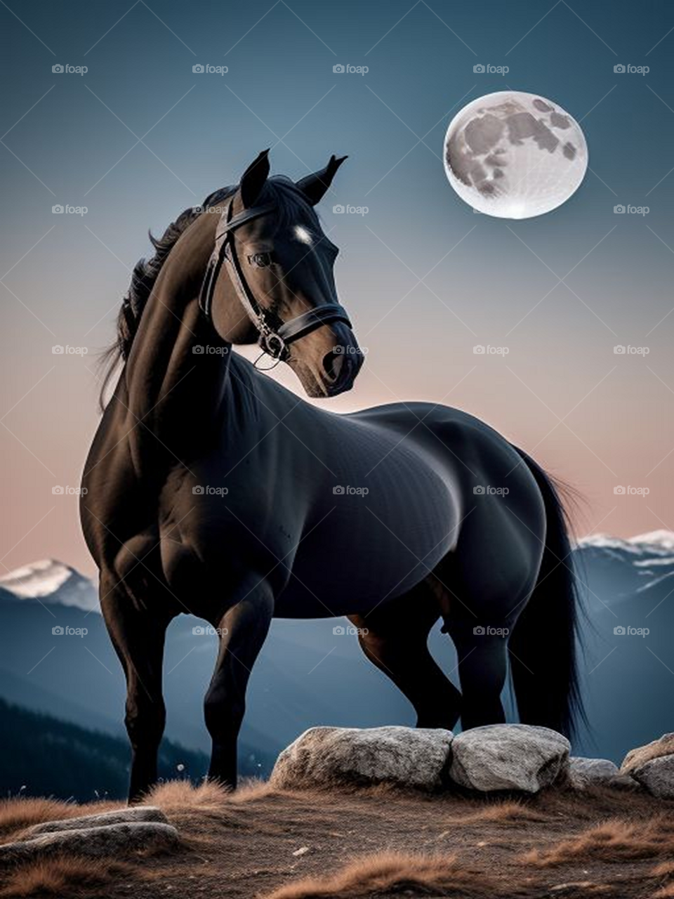 Beautiful black horse with moon view