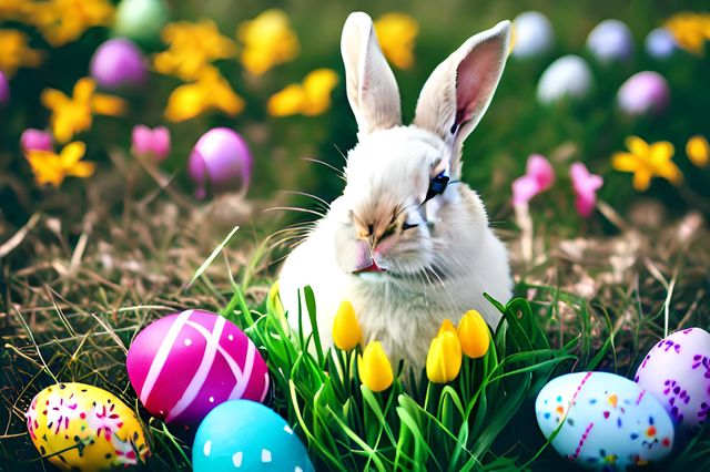 Easter, Easter feast, Easter eggs, colored eggs, Spring, Egg, flowers, white rabbit