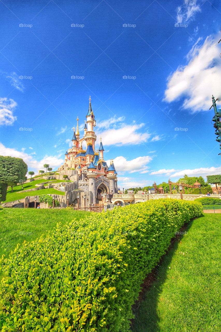 Cinderella's Castle Disneyland. Cinderella's Castle in Eurodisney on a bright, sunny day.