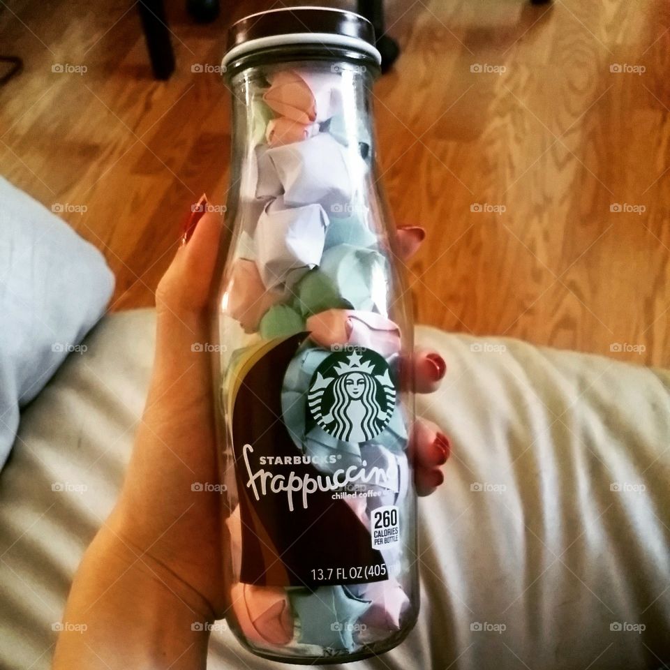 lucky stars bucks. I enjoy making origami lucky stars and thought about putting them in a starbucks frappuccino jar