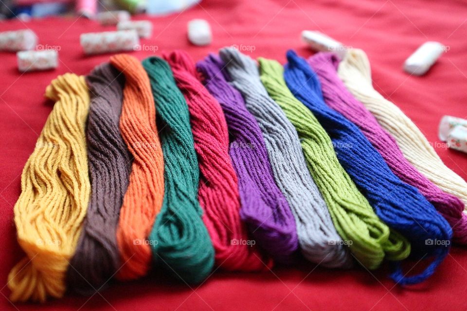 Elevated view of colorful yarn