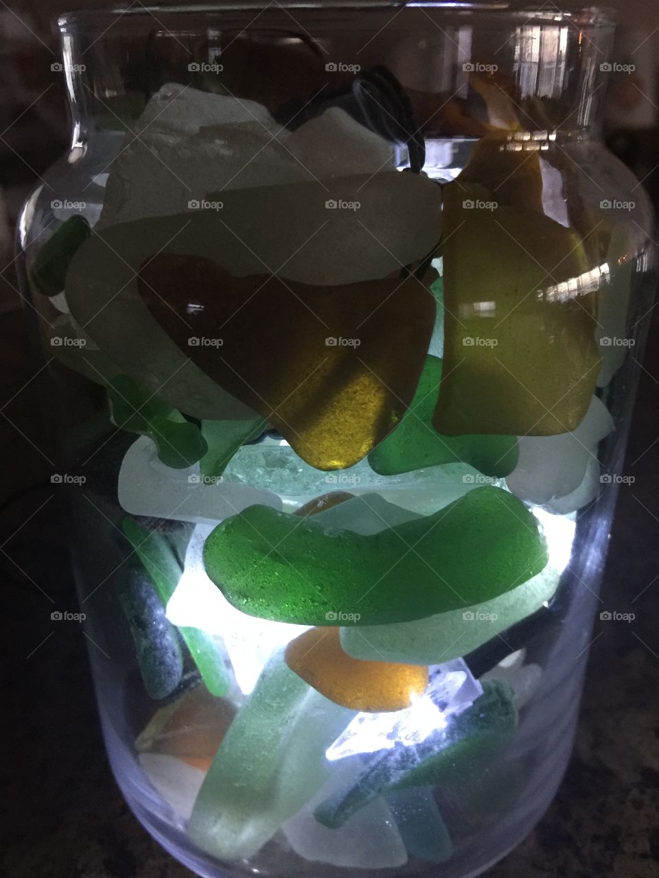 My lighted jar of beautiful Seaglass by the sea