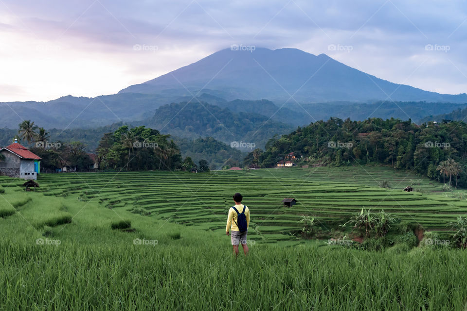 A man in the village, standing in the morning in the middle of a fresh and green rice field, with the beautiful mountain view in front of him