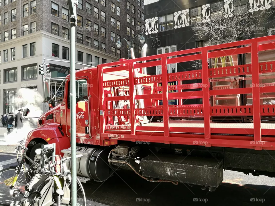 Red delivery truck on the streets of New York