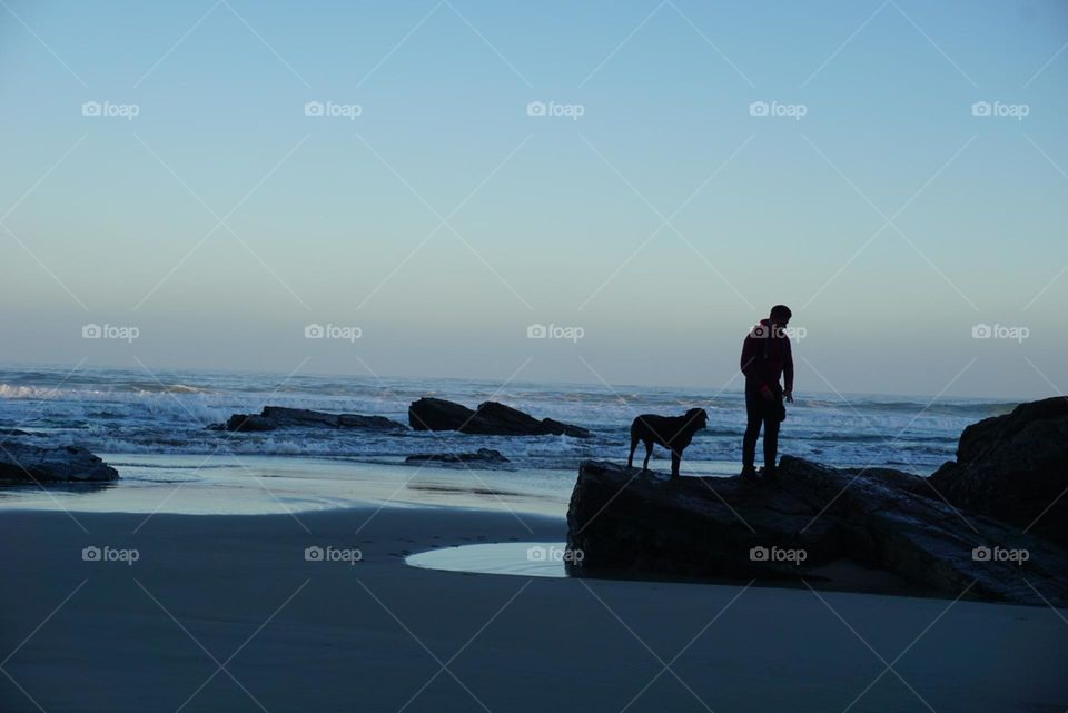 Beach#ocean#rocks#human#dog#silhouette