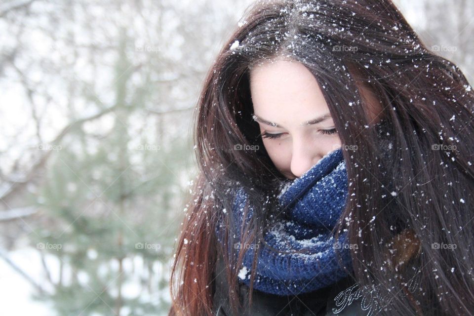 Close-up of a woman in winter
