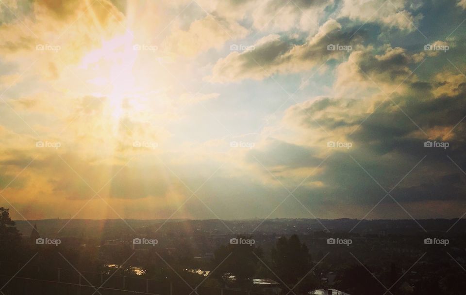 High angle view of city during sunset