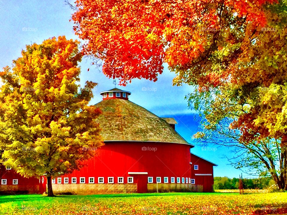 Rustic old red barn in fall
