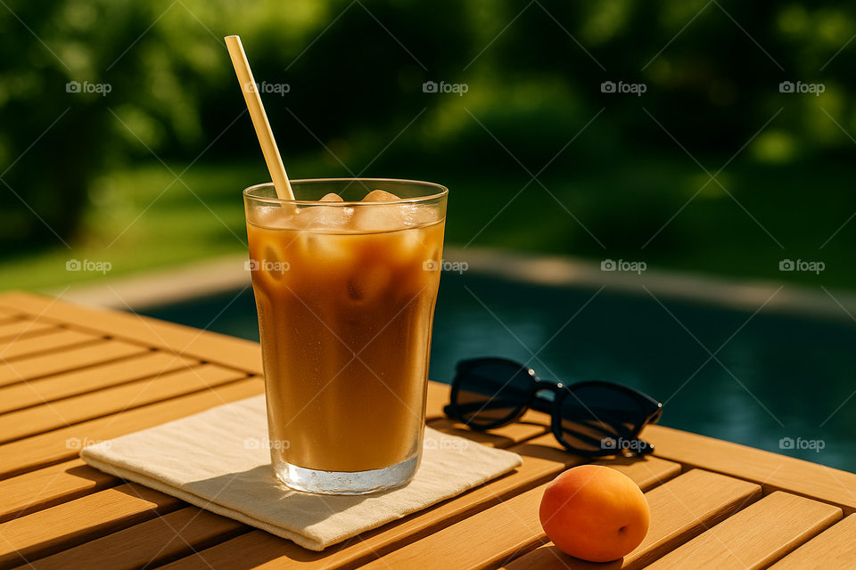 Refreshing iced coffee on a wooden table near the pool with sunglasses, a peach, and bright summer sunlight. Cool drink, warm day.