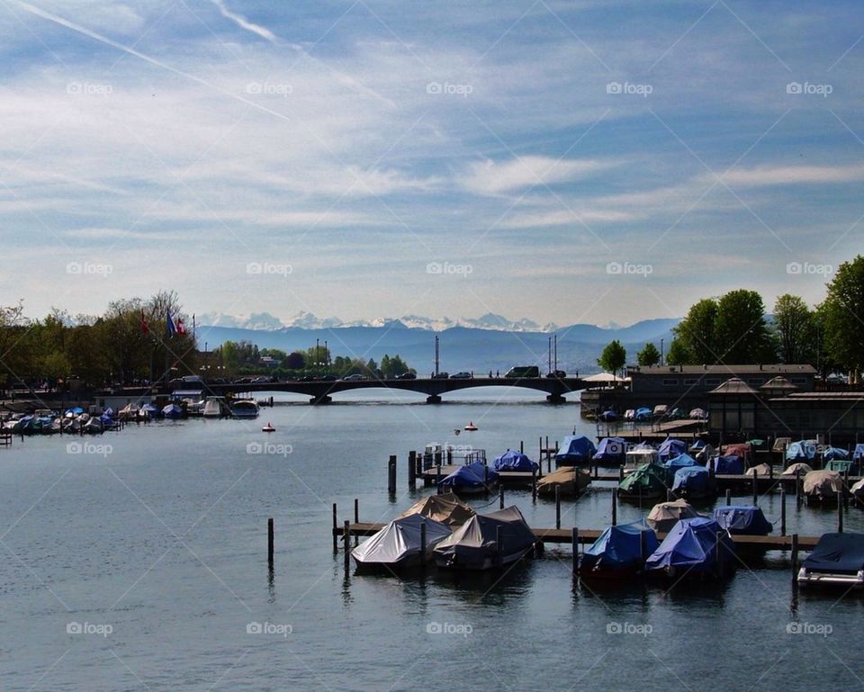 River . Swiss Alps in background