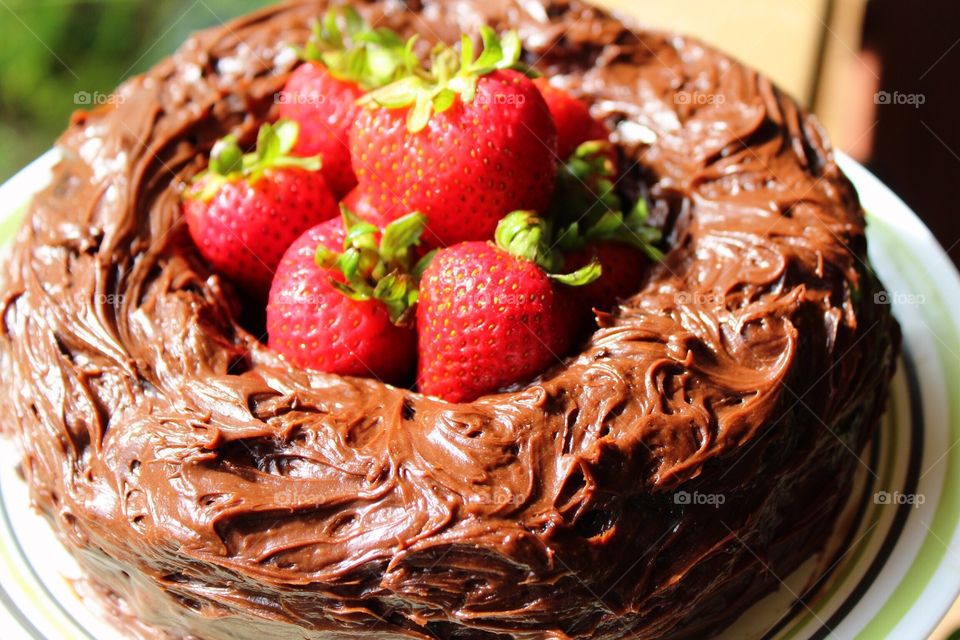 Chocolate bundt cake with strawberries 