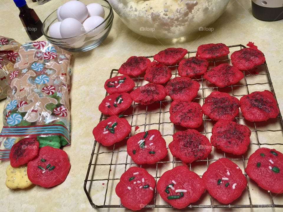 Making red holiday cookies 