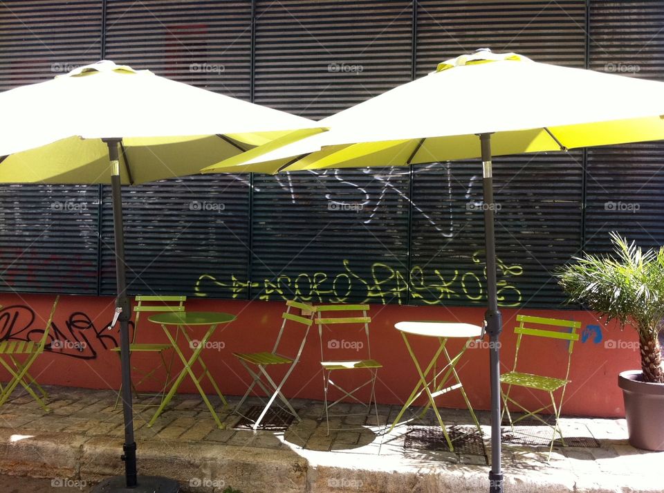 Tables and umbrella 