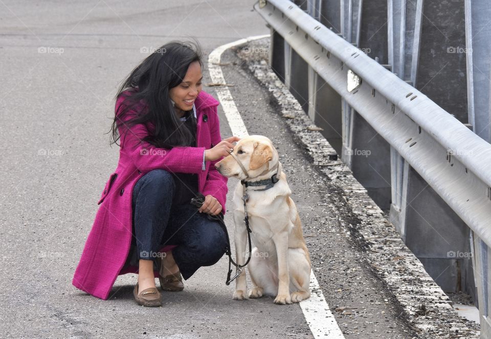 A spring walk with your dog, Yellow Labrador Retriever with a young lady in a fuchsia jacket 