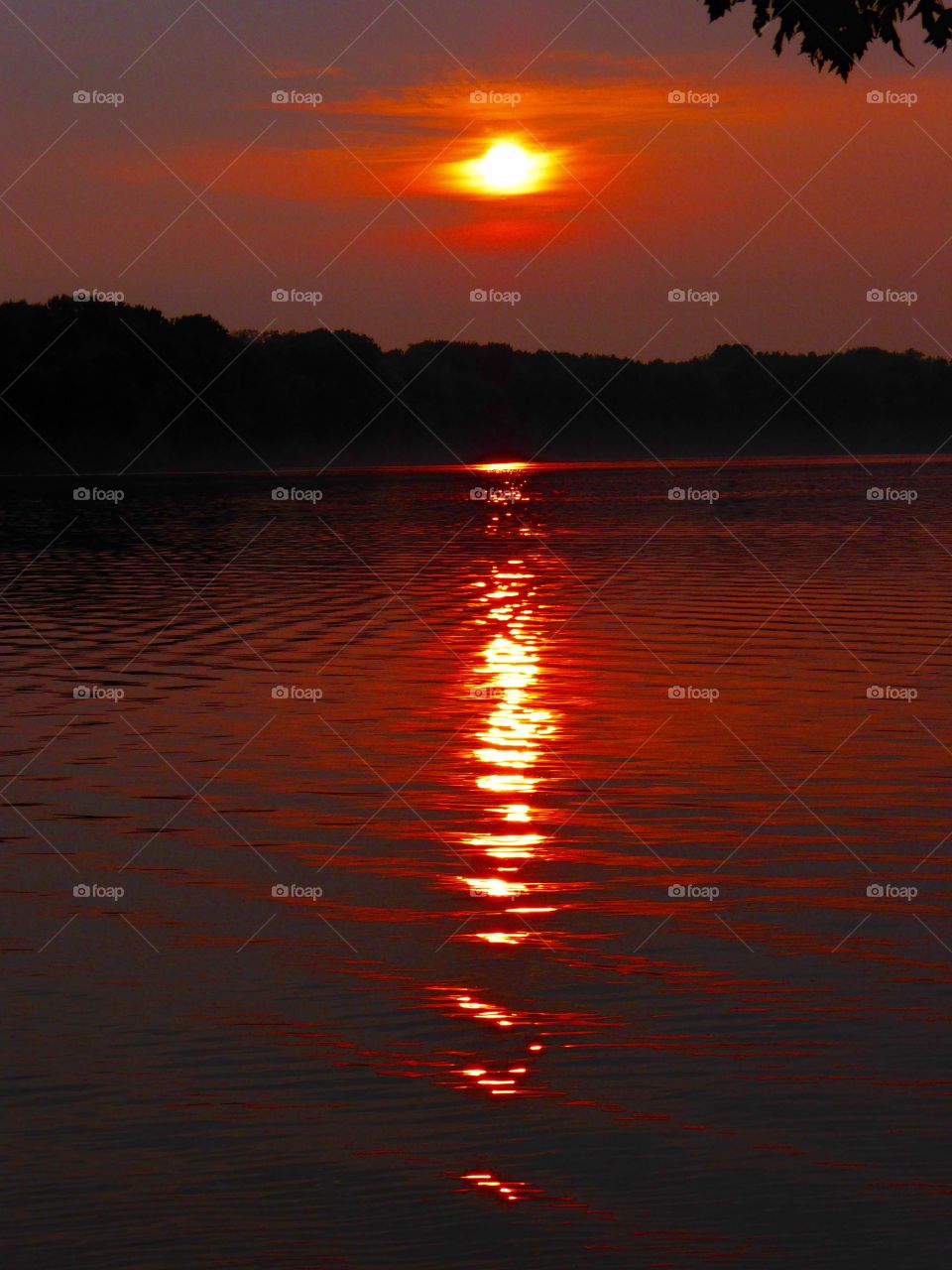 Amber red sunset over lake
