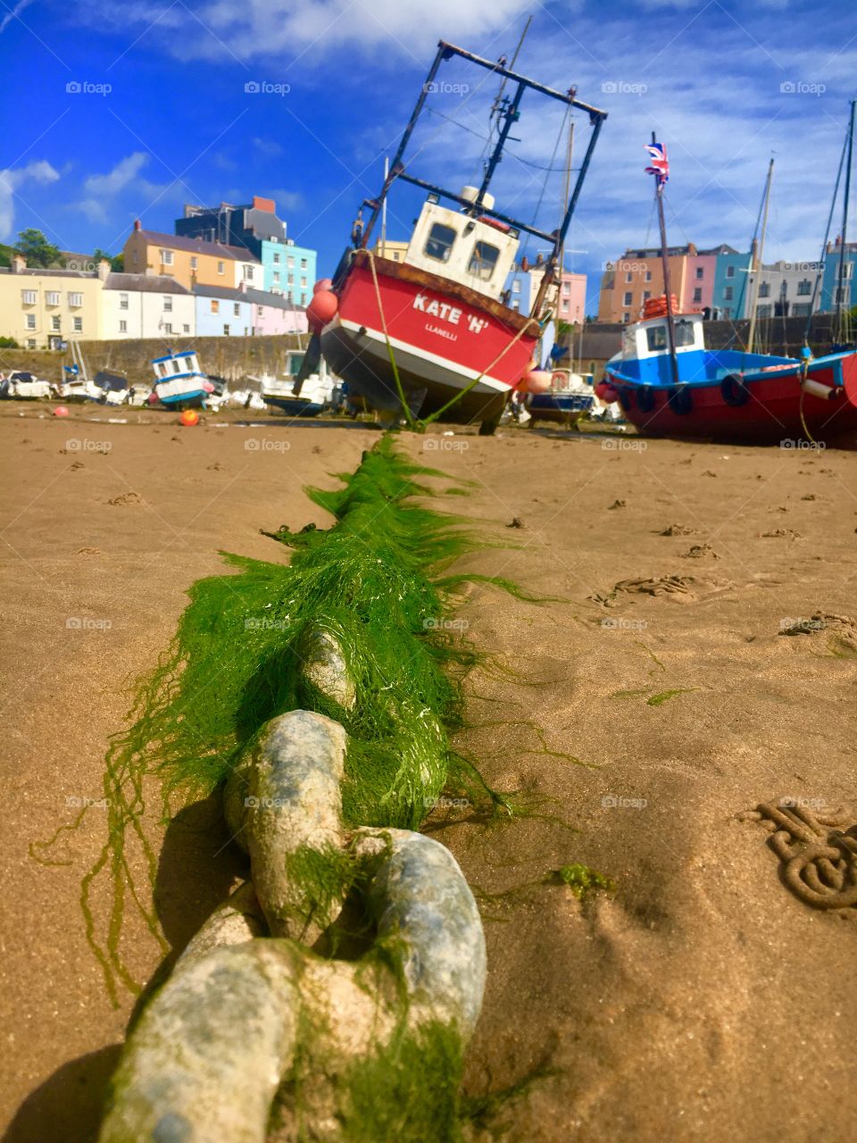 Boats in Tenby harbour, awaiting the tide. 