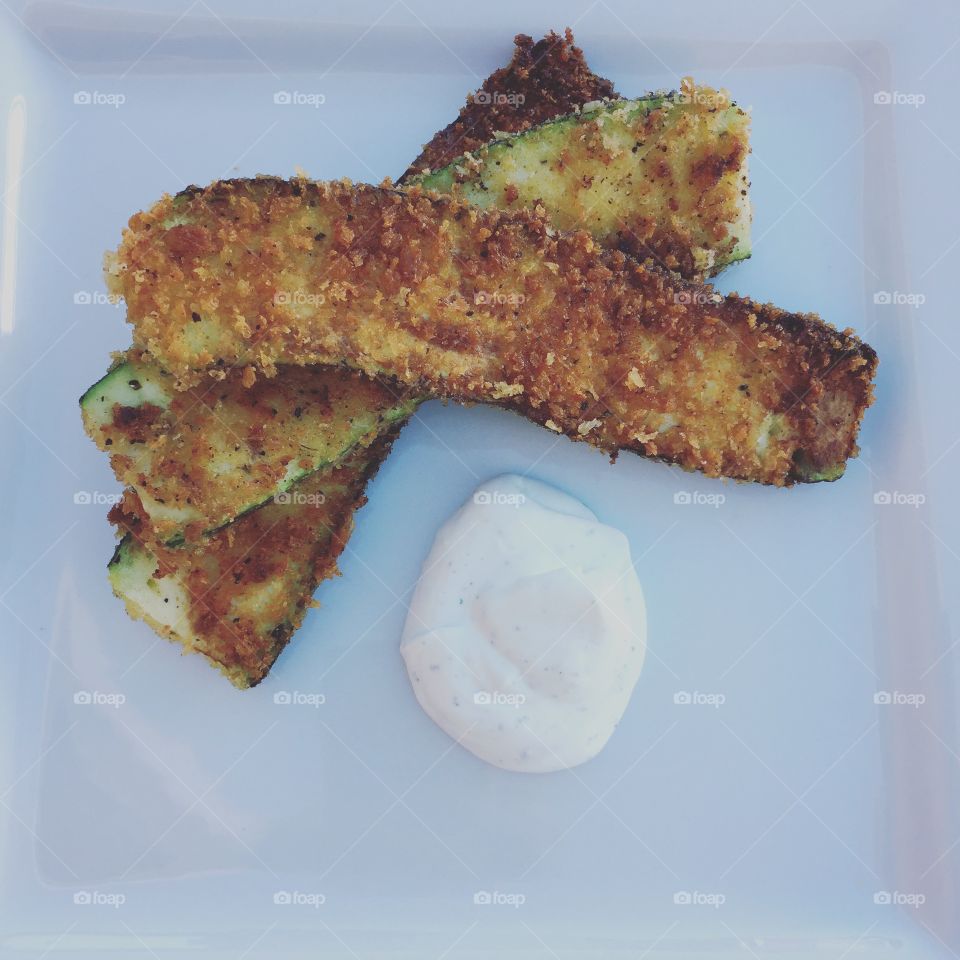 One of my favorites! Fried zucchini dipped in home made ranch dip! The panko adds the perfect crunch!