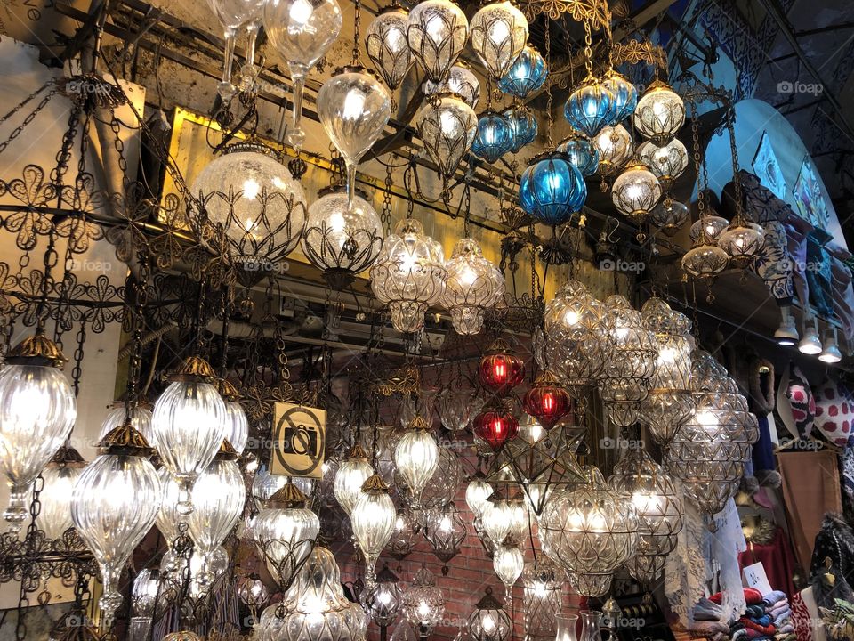 Grand Bazaar, famous indoor market of Istanbul, view over multicolored turkish lamps