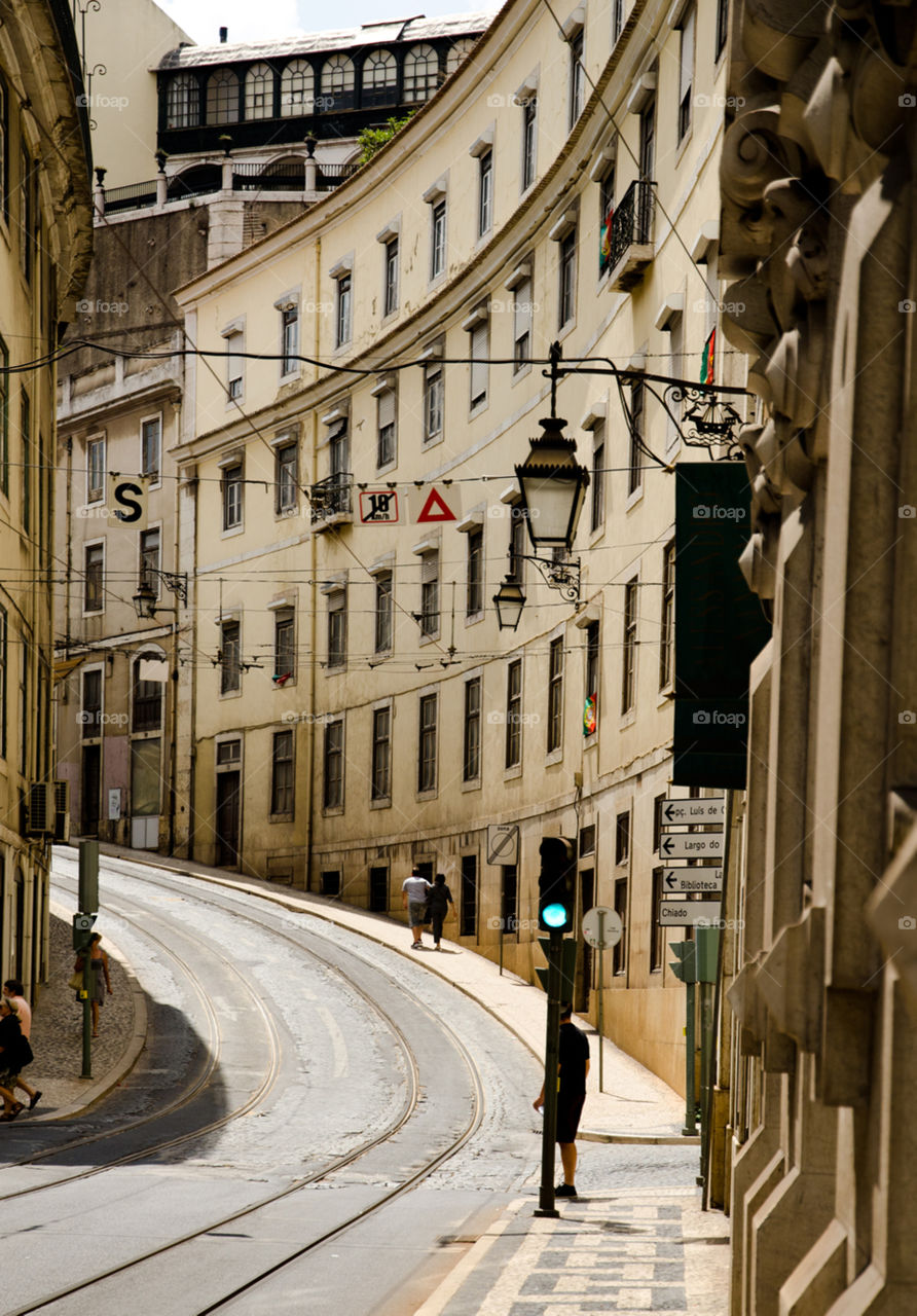 A curved street in the old center of Lisbon, Portugal 