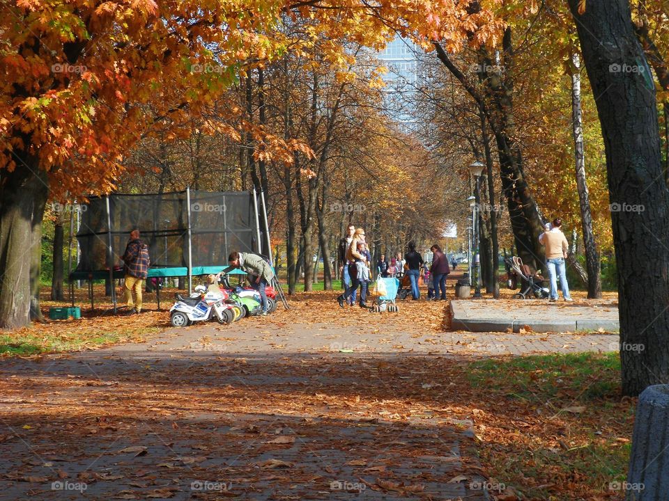 adults and children are walking in autumn park,Kiev,Ukraine