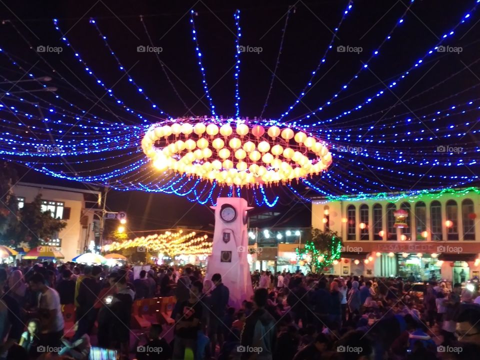 festival lantern in the night showing design decorative of the city to celebrate chinnese new year at pasar gede solo