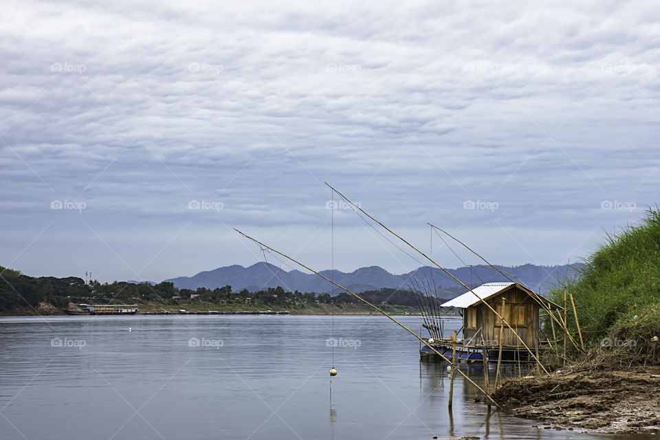 The Floating Fishing and sky on the Mekong River at Loei in Thailand.