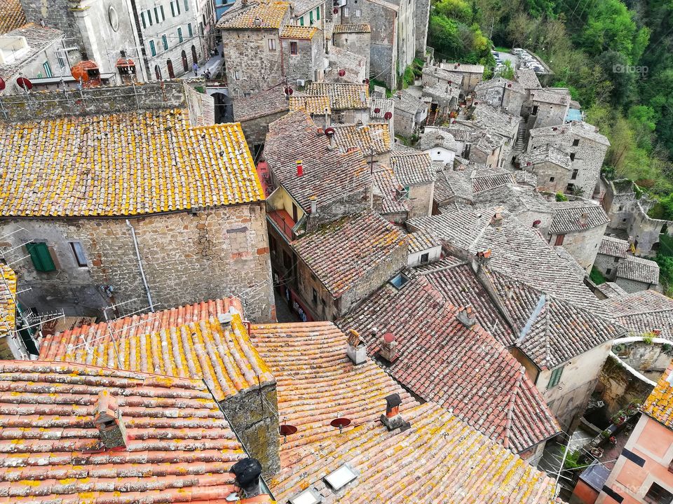 top view of old Sorano roofs in Italy