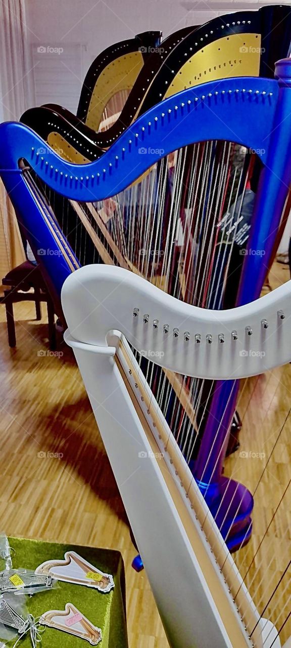 Two large harps are displayed one behind the other in a church in „Bavaria“, Germany where a musical showcase is to be performed shortly. 2022. Hypnotic Productions