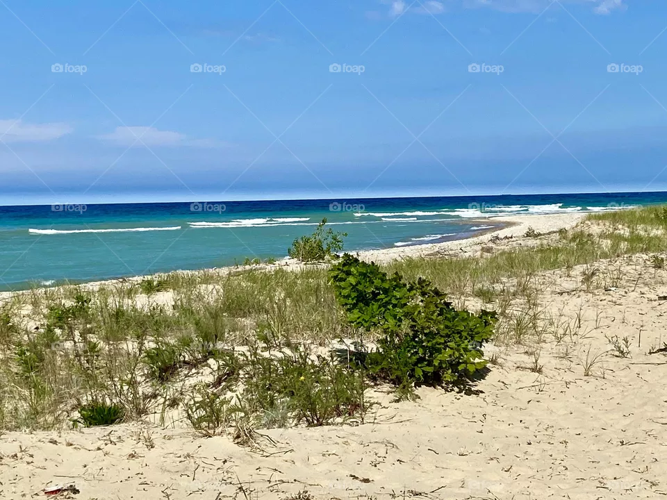 Sandy beach lakeshore on Lake Huron in Northern Michigan