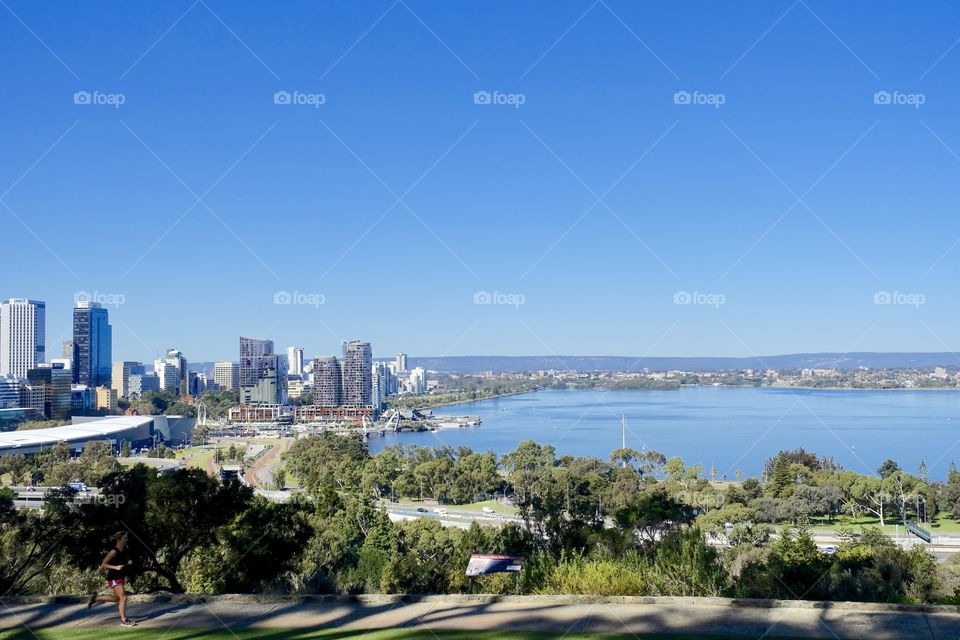 The view of Perth, Western Australia from Kings Park. Skyscrapers can be seen near the Swan River. 