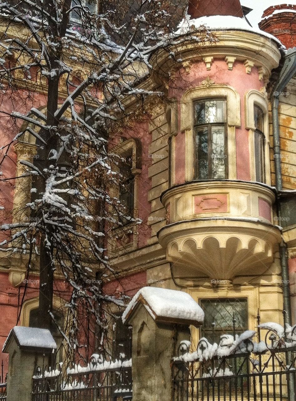 Winter in old city. 19 century architecture 