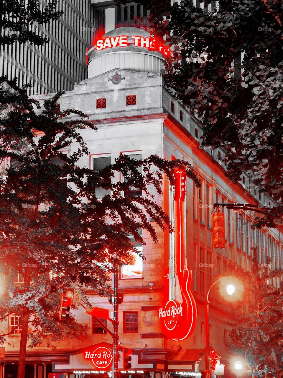 The Hard Rock Cafe looks fun and funky with a filter applied to accentuate the bright neon of the fantastic signage