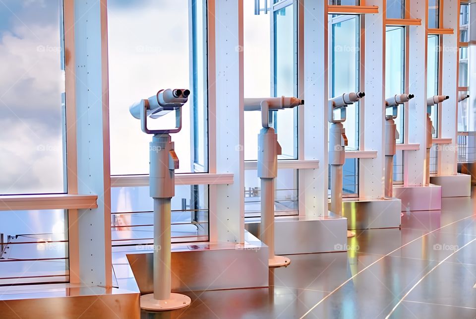 binoculars for city view arranged in an orderly manner