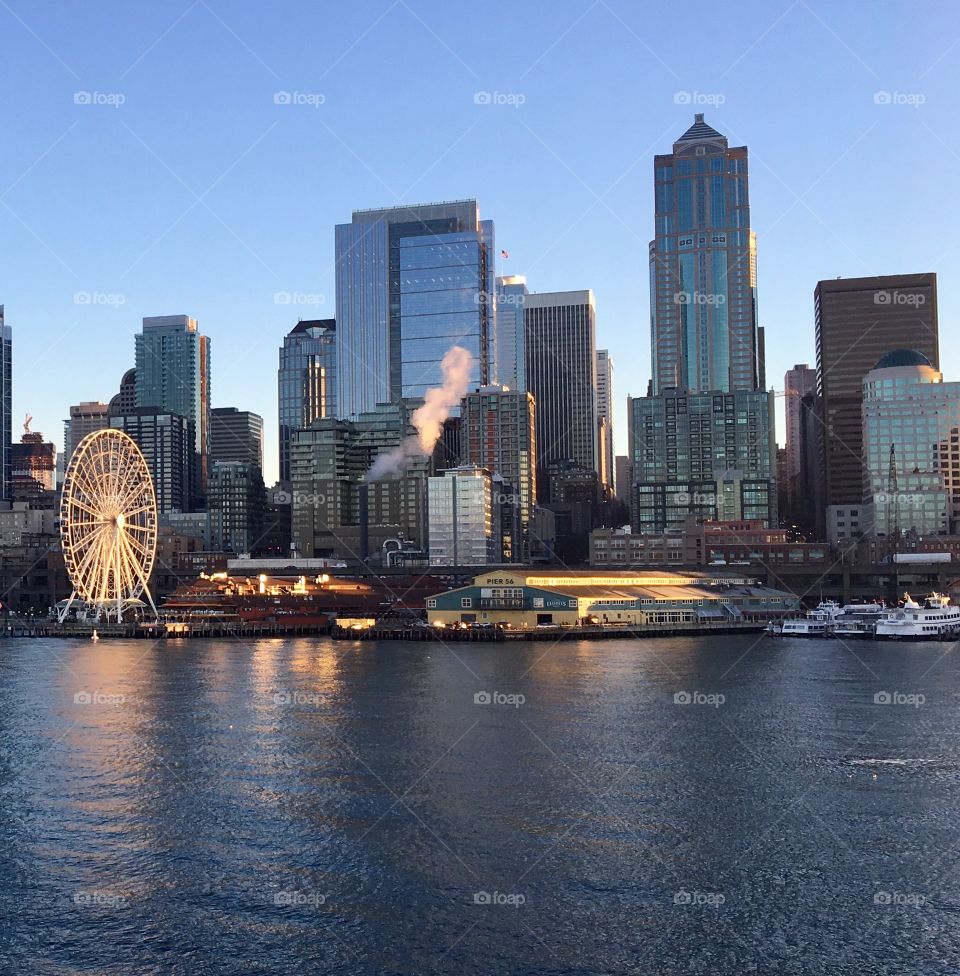 Seattle Waterfront Skyline at sunrise 