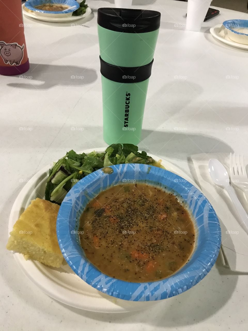 Soup/corn bread/salad dinner at church. It appears to be so appealing that it tastes good.