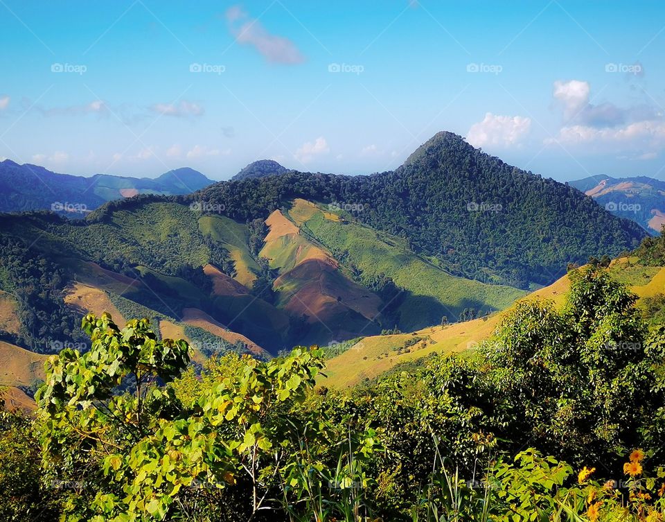 Stopped on the side of the road to snap this picture of the hills that have been cleared for farming. Taken in Doi Phu Kha National Park in Nan, Thailand.