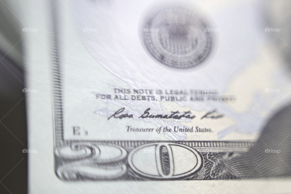 close up of a twenty dollar American bank note