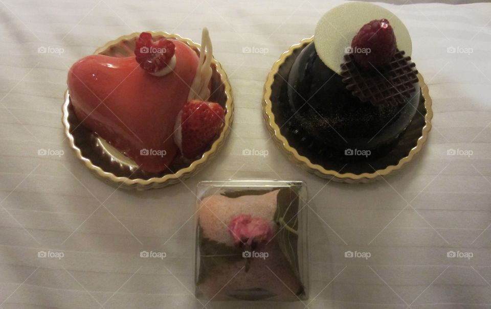 Delicious and Gorgeous Desserts from Tokyo Bakery, Ginza, Japan. Chocolate Strawberry and Cherry Blossom.