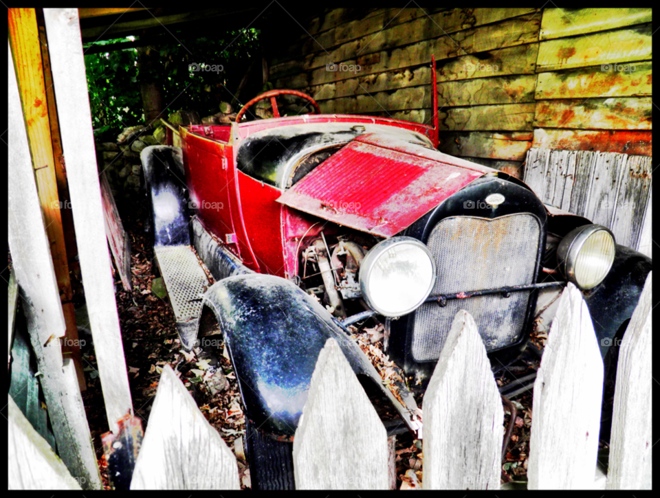 red garage shed vintage car by Les