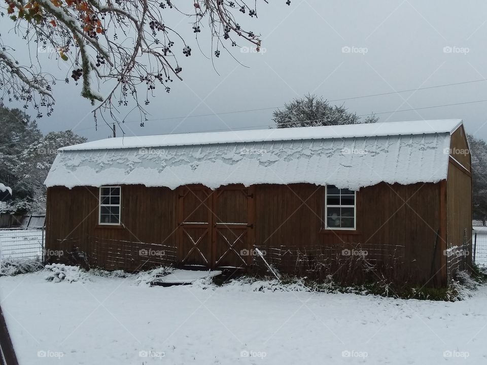 snow covered barn