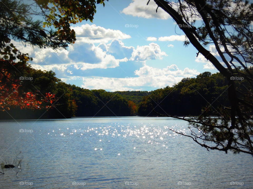 This is a lake shimmering in the sun on a beautiful sunny partly cloudy autumn day in Tennessee.