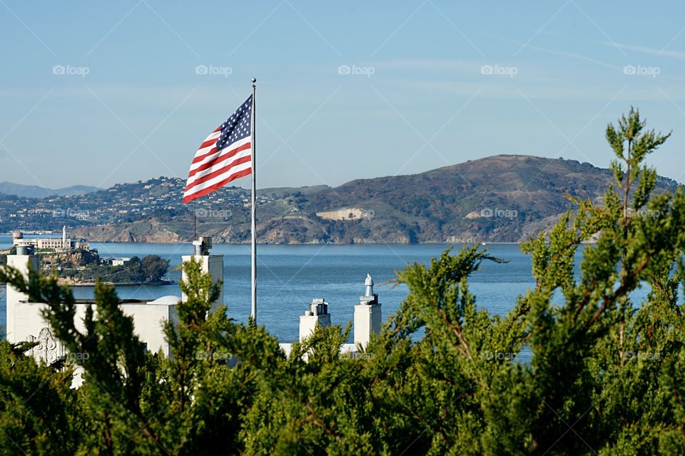 Bay view with American flag 