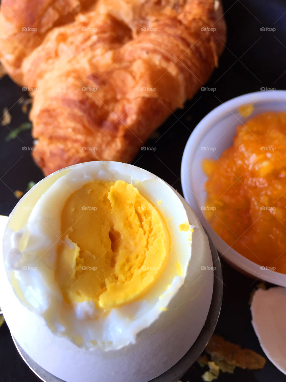 Farm fresh hard boiled egg, homemade ginger orange marmalade and a buttery, flaky fresh baked croissant. Plus a bottomless cup of fresh coffee makes the perfect breakfast!