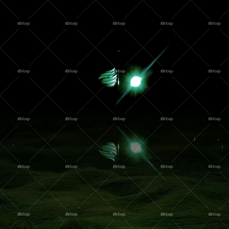 The Flag At Night With Water Reflection