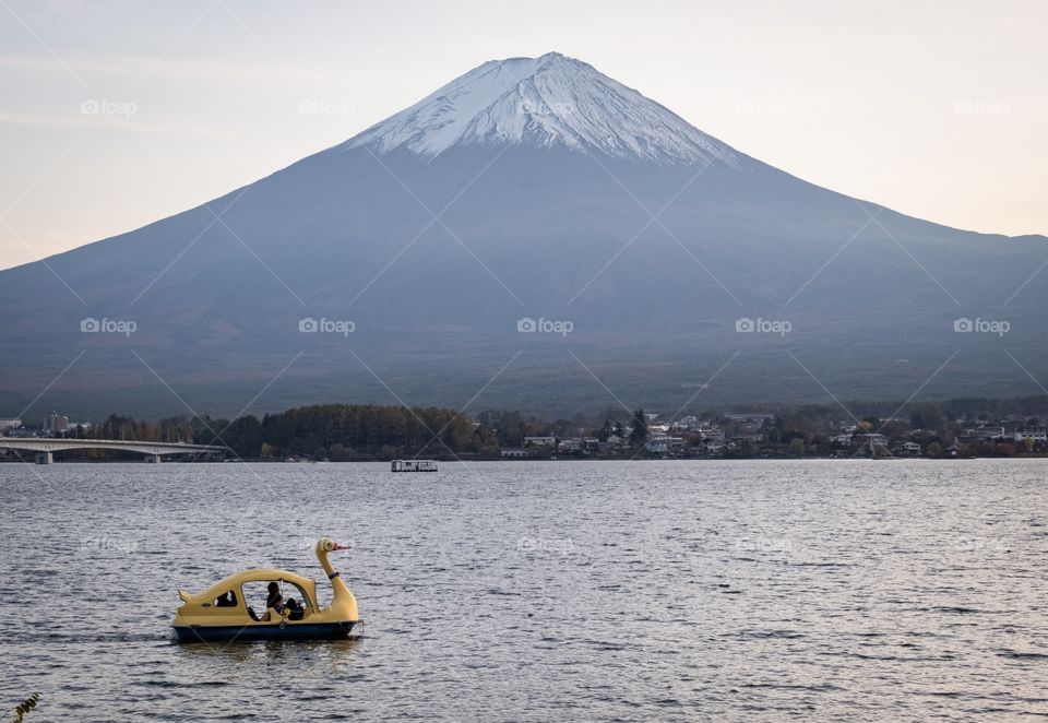 Fuji mountain and yellow duck in Kawaguchiko lake in Japan