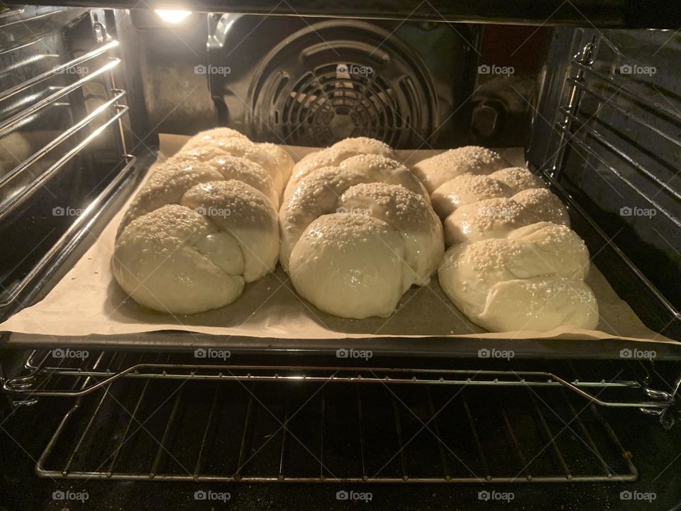 Braided dough for Chala bread in oven