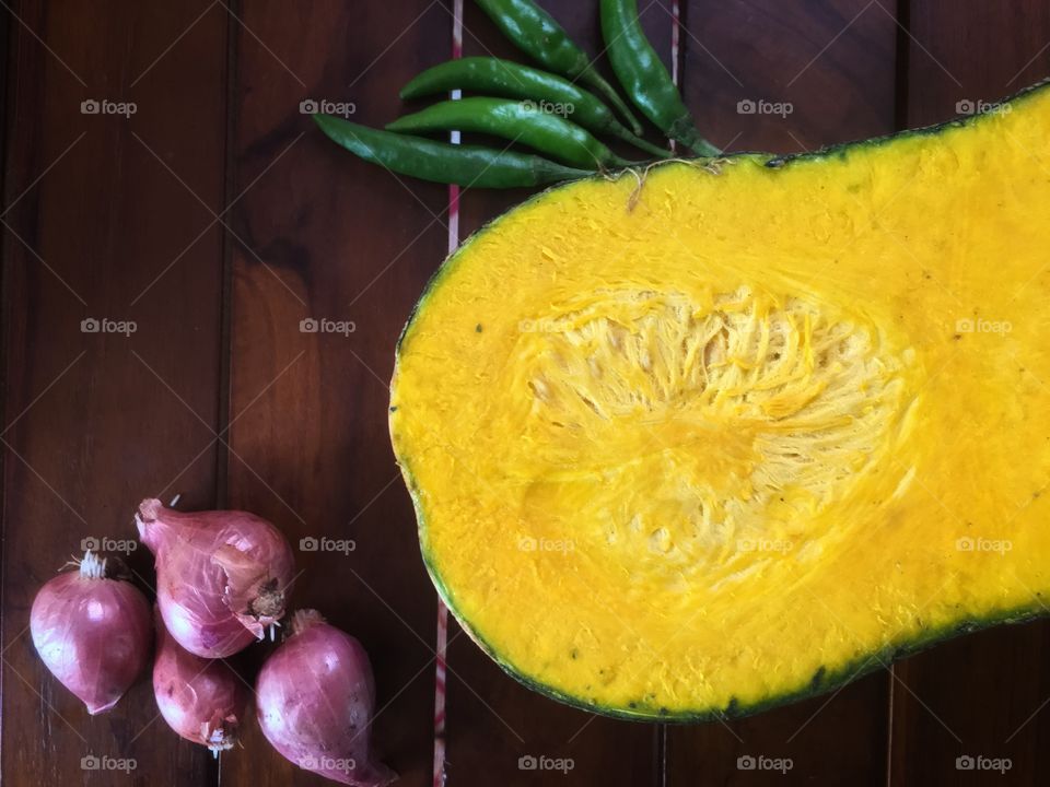 Yellow pumpkin with chili and onion